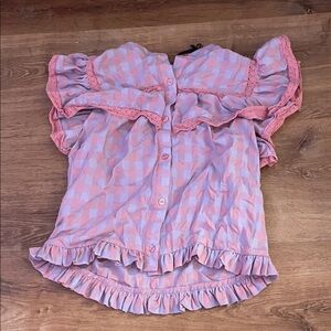 🩷💜day+moon💜🩷Pink Gingham Ruffle Button-Down Blouse